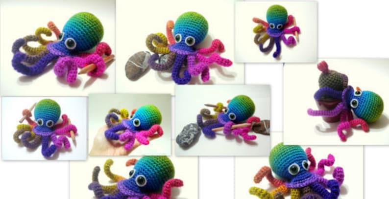 May include: A collection of rainbow crocheted octopus plushies in various poses. Some are holding pencils, others are in a pot, and some are on a hand.