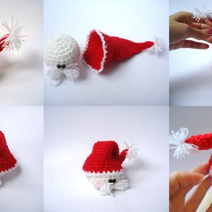 Op de afbeelding: Een witte gehaakte gnome met een rood-witte gehaakte kerstmanmuts. De gnome heeft een witte baard en zwarte ogen.