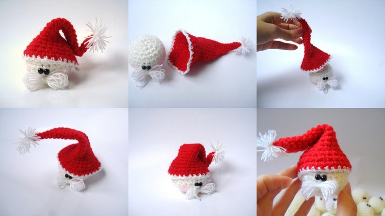 Op de afbeelding: Een witte gehaakte gnome met een rood-witte gehaakte kerstmanmuts. De gnome heeft een witte baard en zwarte ogen.
