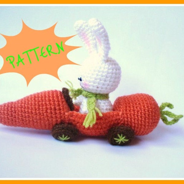 Amigurumi Pattern, PDF Amigurumi Crochet Bunny and Carrot Car Pattern, Easter Crochet Bunny