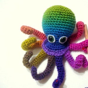 May include: A rainbow crocheted octopus with large green eyes. The octopus has eight tentacles, each a different color of the rainbow.