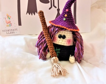 Amigurumi pattern witch with broomstick and hat, crochet halloween gnome witch toy tutorial, witch hat, crochet doll pattern, diy decoration