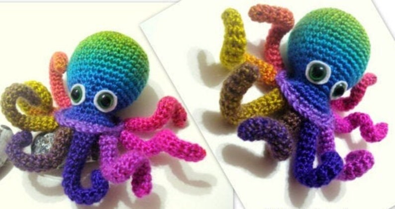 May include: A rainbow crocheted octopus with large white eyes. The octopus has eight tentacles, each a different color of the rainbow.
