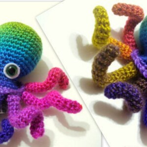 May include: A rainbow crocheted octopus with large green eyes. The octopus has eight tentacles, each a different color of the rainbow.