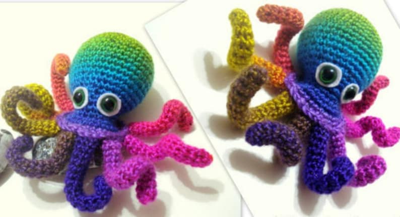 May include: A rainbow crocheted octopus with large green eyes. The octopus has eight tentacles, each a different color of the rainbow.