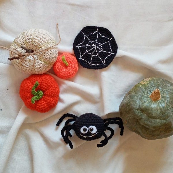 Crochet Spider and Spiderweb Pattern, Jumping Spider, Amigurumi Halloween animal, miniature toy, crochet plush, cute stuffed animals, diy