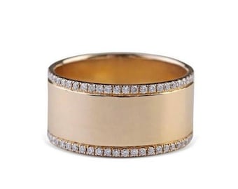 14k Solid Gold Cigar Band Ring with Diamond Edging, Wide Minimalist Gold Statement Ring, Stackable Luxury Wedding Band