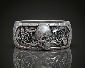 Floral Skull Ring – Gothic Rose Thorn Band in Sterling Silver or 14k Solid Gold