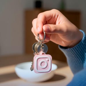 May include: A pink and white Instagram logo keychain with keys on a silver ring. The keychain is held in a hand, with the word "GLOWBIT" printed at the bottom of the image.