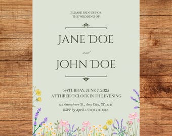 May include: A wedding invitation with a floral border featuring Jane Doe and John Doe. The invitation includes the date, time, and location of the wedding, along with an RSVP date and contact information. The background is a light green color.