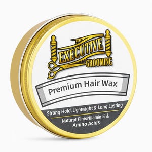 May include: A round, gold-colored tin of hair wax. The label reads "EXECUTIVE GROOMING Premium Hair Wax." The text also states "Strong Hold. Lightweight & Long Lasting" and "Natural FinisNilamin E & Amino Acids."