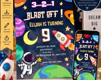 May include: A space-themed birthday invitation featuring a dark blue background with colorful planets, yellow stars, a crescent moon, a rocket ship, and an astronaut. The text reads 3...2...1 BLAST OFF! ELIJAH IS TURNING 9, AUGUST 20, 2025, 3:00 PM.