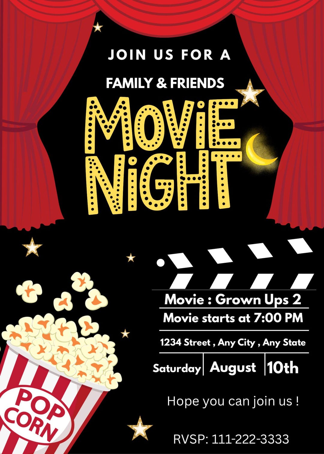 Movie Night Digital Invitation | Customizable Cinema Party Invite - Etsy