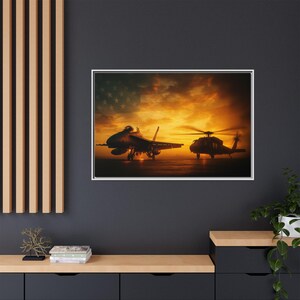 Sunset Guardians | F/A-18 Hornet and Black Hawk Helicopter Patriotic Canvas Wall Art