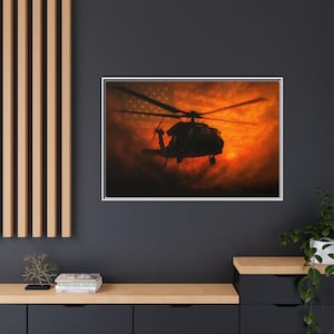 Black Hawk Brownout Canvas | Cinematic Military Helicopter Art with Sunset and Flag
