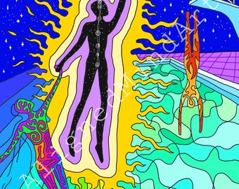 Puede incluir: Impresión artística psicodélica colorida con figuras estilizadas. Una figura central, delineada en negro y llena de estrellas, se extiende hacia arriba. Otras figuras están en el agua y al borde de una piscina. El fondo es un cielo estrellado.