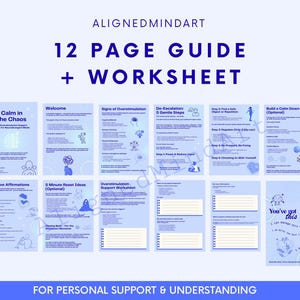 Puede incluir: Una gu&iacute;a y un cuaderno de trabajo de 12 p&aacute;ginas titulado "AlignedMindArt" con el texto "Calm in the Chaos" y "You've got this". La gu&iacute;a incluye secciones sobre sobreestimulaci&oacute;n, desescalada y afirmaciones positivas. La combinaci&oacute;n de colores es azul y blanco.