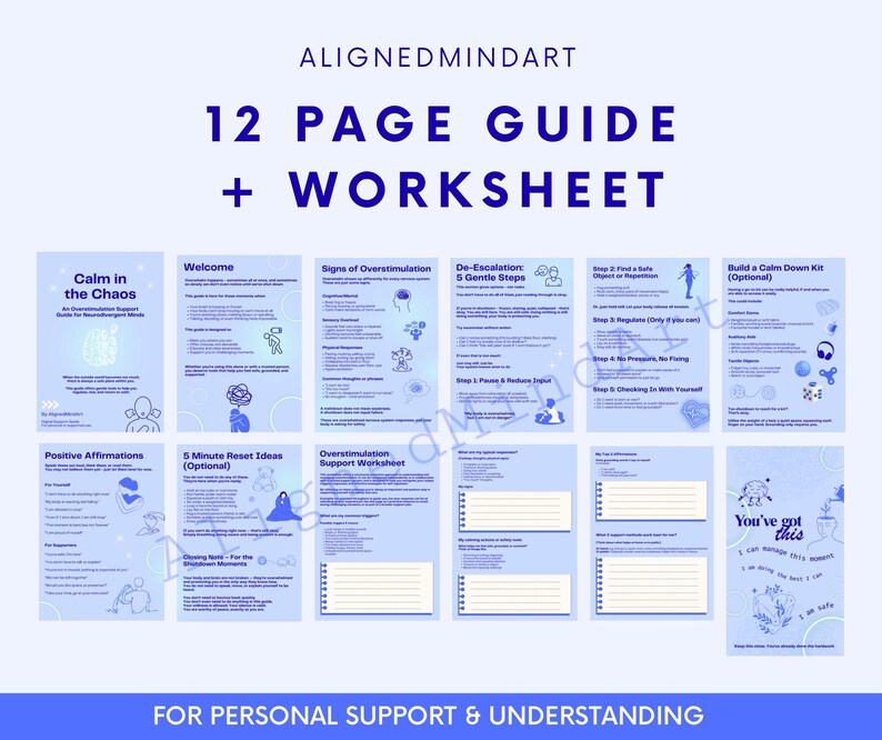 Puede incluir: Una gu&iacute;a y un cuaderno de trabajo de 12 p&aacute;ginas titulado "AlignedMindArt" con el texto "Calm in the Chaos" y "You've got this". La gu&iacute;a incluye secciones sobre sobreestimulaci&oacute;n, desescalada y afirmaciones positivas. La combinaci&oacute;n de colores es azul y blanco.