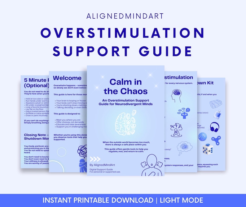 Puede incluir: Una pila de gu&iacute;as imprimibles de color azul claro, tituladas "Overstimulation Support Guide". La gu&iacute;a central, "Calm in the Chaos", presenta un gr&aacute;fico de cerebro. Otras gu&iacute;as incluyen "5 Minute (Optional)" y "Welcome". El texto dice "Instant Printable Download | Light Mode."