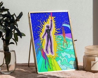 Puede incluir: Una impresión artística enmarcada con una vibrante ilustración psicodélica. La obra presenta figuras en un entorno de piscina con un cielo estrellado azul y una figura que se eleva con un rayo rojo. El marco es de color dorado.