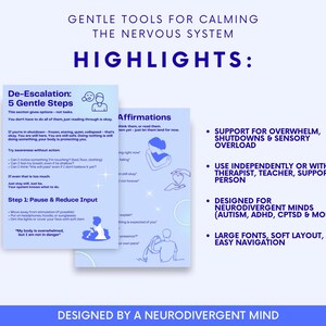 Puede incluir: Un gr&aacute;fico azul claro con texto sobre herramientas suaves para calmar el sistema nervioso. La imagen destaca los pasos de desescalada, las afirmaciones y el apoyo a las mentes neurodivergentes. El dise&ntilde;o incluye fuentes grandes y un dise&ntilde;o suave.