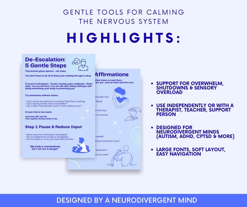Puede incluir: Un gr&aacute;fico azul claro con texto sobre herramientas suaves para calmar el sistema nervioso. La imagen destaca los pasos de desescalada, las afirmaciones y el apoyo a las mentes neurodivergentes. El dise&ntilde;o incluye fuentes grandes y un dise&ntilde;o suave.