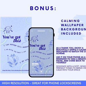 Puede incluir: Una pantalla de tel&eacute;fono digital muestra un fondo de pantalla relajante con el texto "You've got this" y afirmaciones positivas. La imagen incluye un dise&ntilde;o de fondo de pantalla a juego, dise&ntilde;ado para pantallas de bloqueo de tel&eacute;fono.