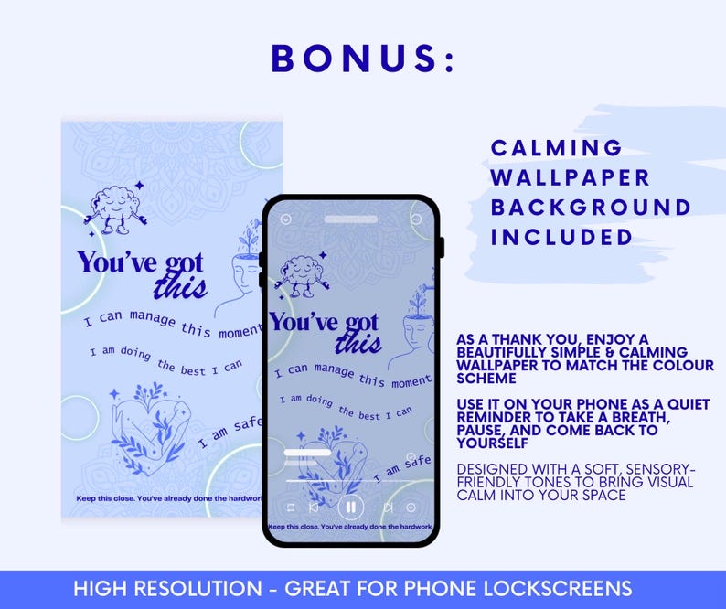 Puede incluir: Una pantalla de tel&eacute;fono digital muestra un fondo de pantalla relajante con el texto "You've got this" y afirmaciones positivas. La imagen incluye un dise&ntilde;o de fondo de pantalla a juego, dise&ntilde;ado para pantallas de bloqueo de tel&eacute;fono.