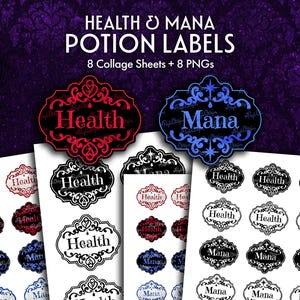 Peut inclure: Une collection numérique d'étiquettes de potions de santé et de mana comprenant 8 planches et 8 fichiers PNG. Les étiquettes présentent des bordures décoratives ornées avec le texte Health ou Mana en rouge, bleu, noir et blanc.