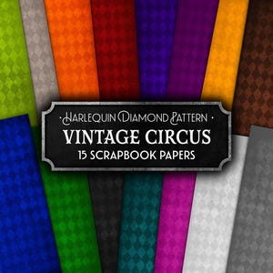 Vintage Circus Harlequin Paper Pack, Distressed Scrapbook Papers, Grunge Diamond Pattern Backgrounds, Colorful Carnival Junk Journal