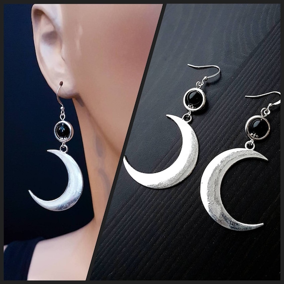 Filigree moon earrings-Silver dangle-goth-Crescent moon-witch-Celestial earrings