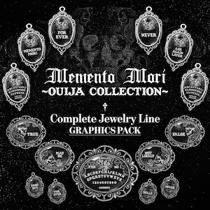 Könnte beinhalten: Schwarz-weiß Grafik mit einer Schmuckkollektion, Anhängern und ovalen Designs. Der Text enthält "Memento Mori", "Ouija Collection" und Sätze wie "True", "False", "Never" und "Ask Again Later".