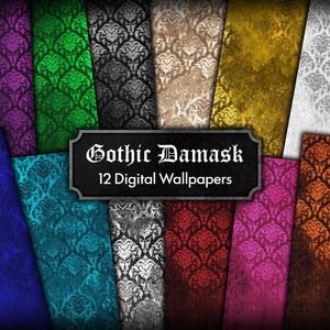 Op de afbeelding: Twaalf digitale achtergronden met een gotisch damastpatroon. De achtergronden tonen een verscheidenheid aan kleuren, waaronder paars, groen, blauw, turquoise, zilver, goud en rood. Het damastpatroon is een klassiek ontwerp, perfect voor een vleugje elegantie.