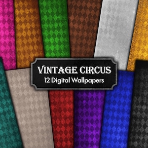 Peut inclure: Douze fonds d'écran numériques sur le thème du cirque vintage. Les fonds d'écran présentent un motif de losanges dans diverses couleurs, notamment le rose, l'or, le vert et le bleu. Un panneau noir avec du texte blanc indique "Vintage Circus".