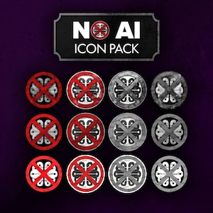 May include: An icon pack with a dark purple background. The top of the image has a black rectangle with the text "NO AI ICON PACK". Below are twelve circular icons in red, gray, and white, each with a cross-like design.