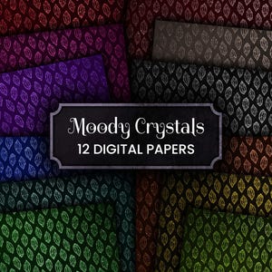 May include: A collection of 12 digital papers featuring a repeating pattern of outlined crystals in various colors including red, purple, blue, green, yellow, and grey. A central dark rectangular label displays the text Moody Crystals 12 DIGITAL PAPERS.