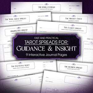 May include: A collection of nine interactive journal pages for tarot readings, featuring white paper with purple accents and an eye icon. The central dark purple label reads: FAST AND PRACTICAL TAROT SPREADS FOR: GUIDANCE & INSIGHT 9 Interactive Journal Pages.