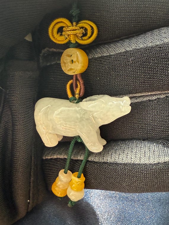 Natural Jade Jadeite handcrafted Year of the Ox Chinese zodiac Charm Purse Handmade Chinese Knot Safety Car Hanging wealth protection lucky