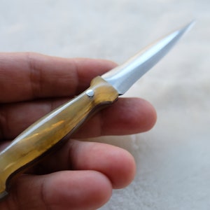 May include: A small, silver knife with a bone handle. The handle is a light brown colour and has a silver rivet.