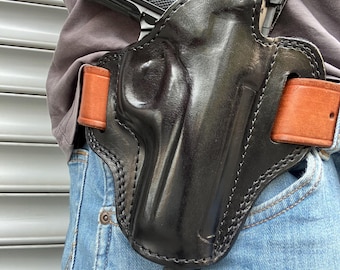 ベレッタM9用レザーOWBベルトホルスター（右利き用）ブラックタン