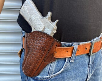 Leather Basket Weave Pancake OWB Holster For Colt Ruger Springfield Armory 1911 45 Acp 5 inch