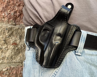 ベレッタM9用レザーOWBベルトホルスター（右利き用）ブラックタン