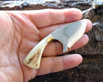 Custom Made Mini Neck Pocket Knife With Leather Sheath Deer Horn Handle