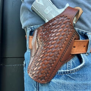 Basket Weave leren duimsteun holster: Colt 1911 45 ACP 5" barrel