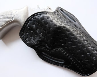 Basket Weave Leather OWB Holster: Colt, Ruger, S&W 4-inch 357 Mag (R.H)