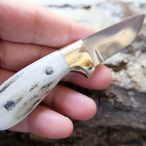 Mini Pocket Purse Belt Knife Deer Horn Handle With Leather Sheath