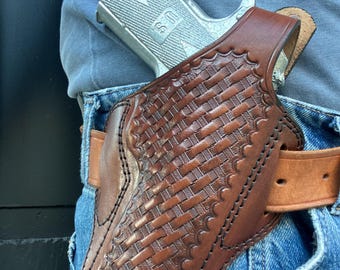 Funda de cuero OWB con cierre de pulgar y tejido tipo cesta: Colt 1911 45 ACP, cañón de 5".