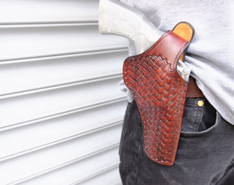 Basket Weave Thumb Break Leather Holster: S&W 686, Colt Python, Ruger GP100 (4 inch Barrel)