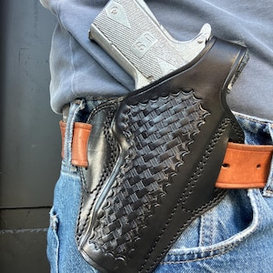 Basket Weave Thumb Break Leather OWB Holster: Colt 1911 45 ACP 5" Barrel