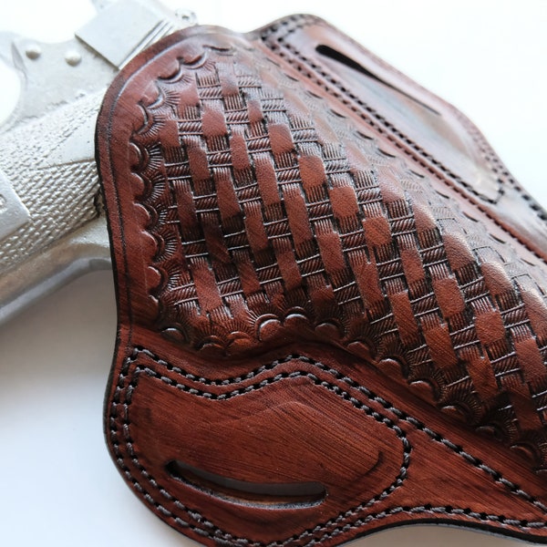 Basket Weave Leather Open Top Belt Holster For Colt Ruger Springfield Armory 1911 45 acp